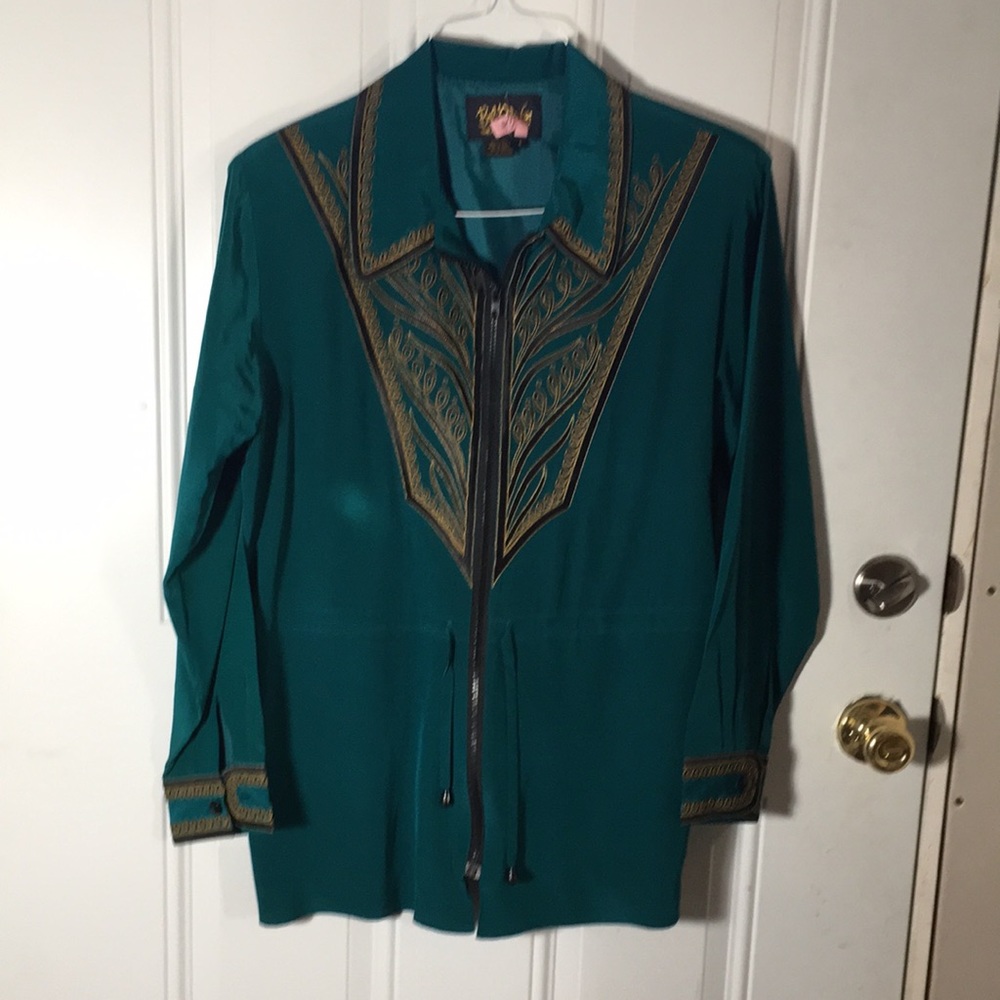 Bob Mackie CHER green long sleeved zip front & gathered tie 100% silk size Small